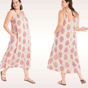 Old Navy Sleeveless Tie Strap Midi Dress Leaf Print Beige Pink Yellow Pockets 4X